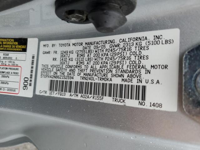 2006 Toyota Tacoma VIN: 5TEPX42N86Z152594 Lot: 57502624