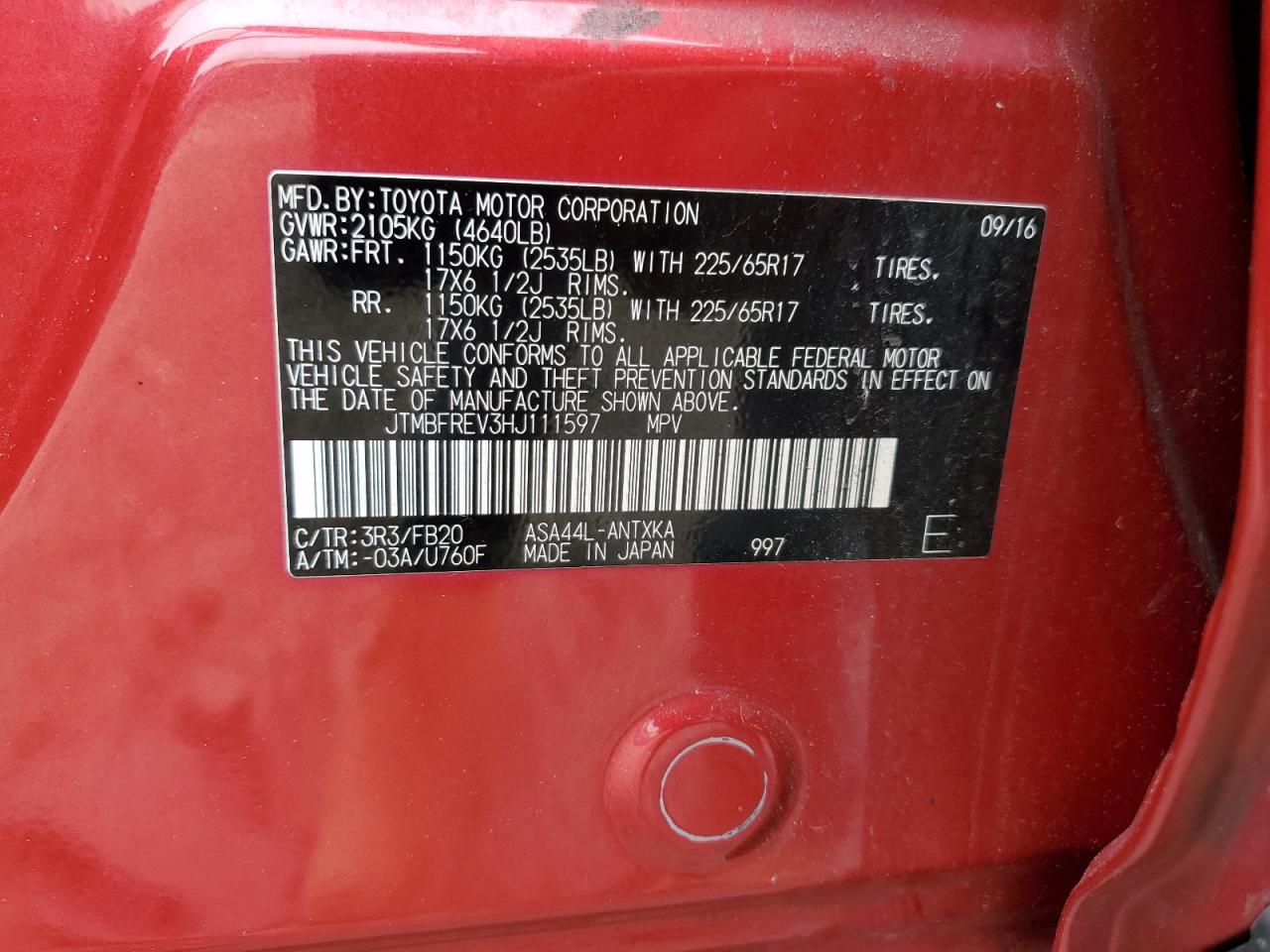 JTMBFREV3HJ111597 2017 Toyota Rav4 Le