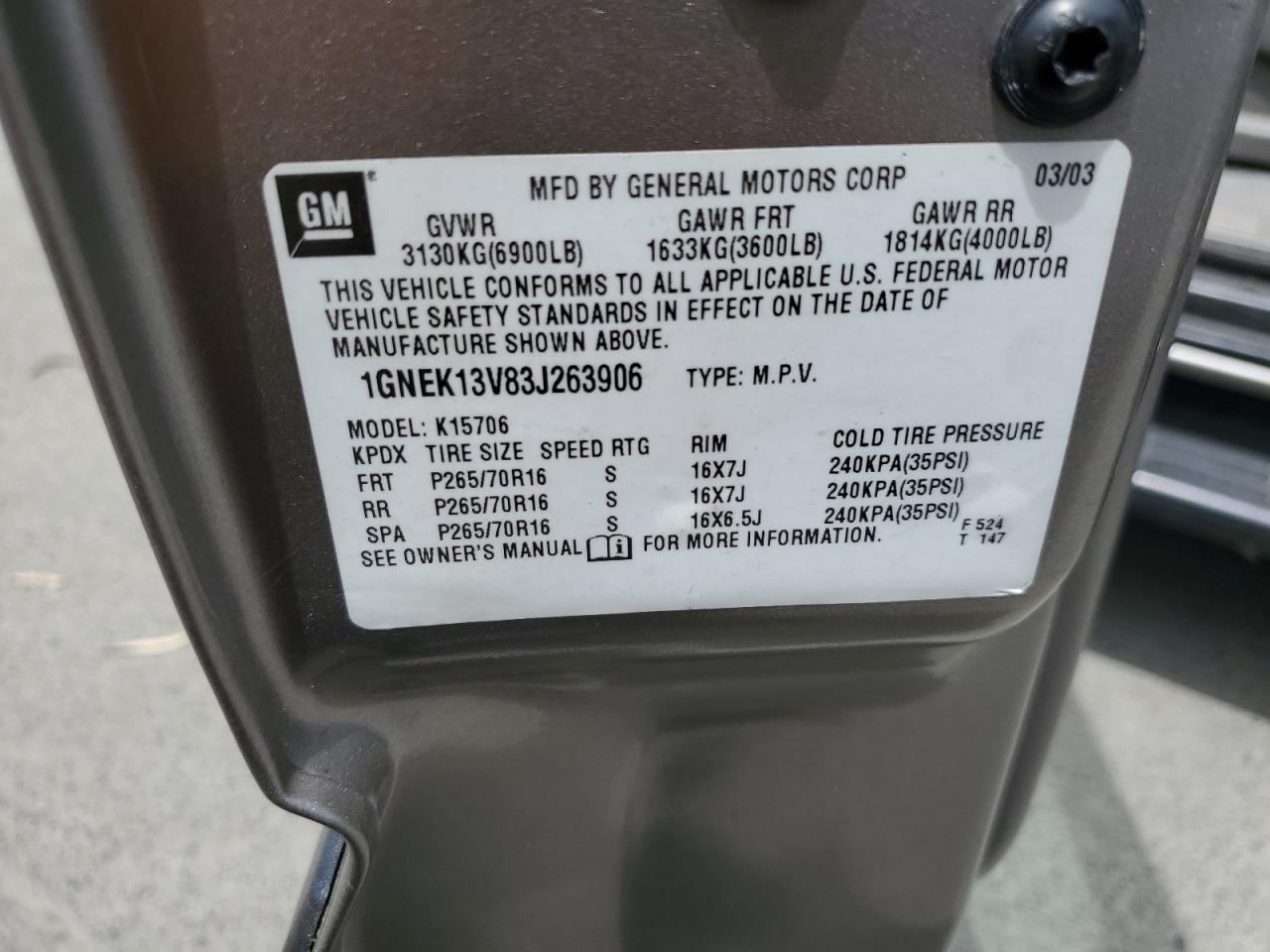 1GNEK13V83J263906 2003 Chevrolet Tahoe K1500