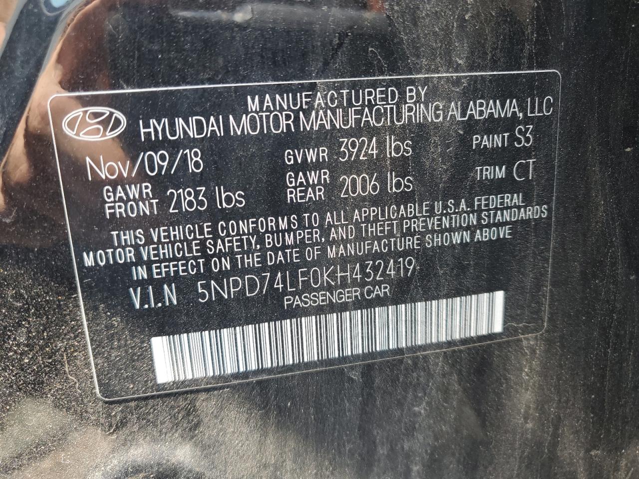 5NPD74LF0KH432419 2019 Hyundai Elantra Se