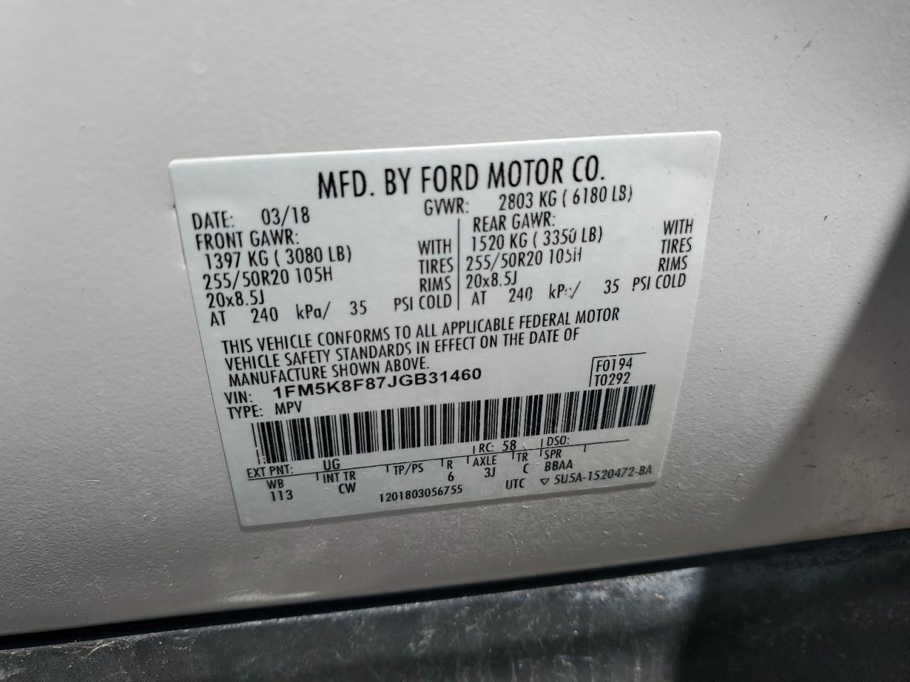 1FM5K8F87JGB31460 2018 Ford Explorer Limited