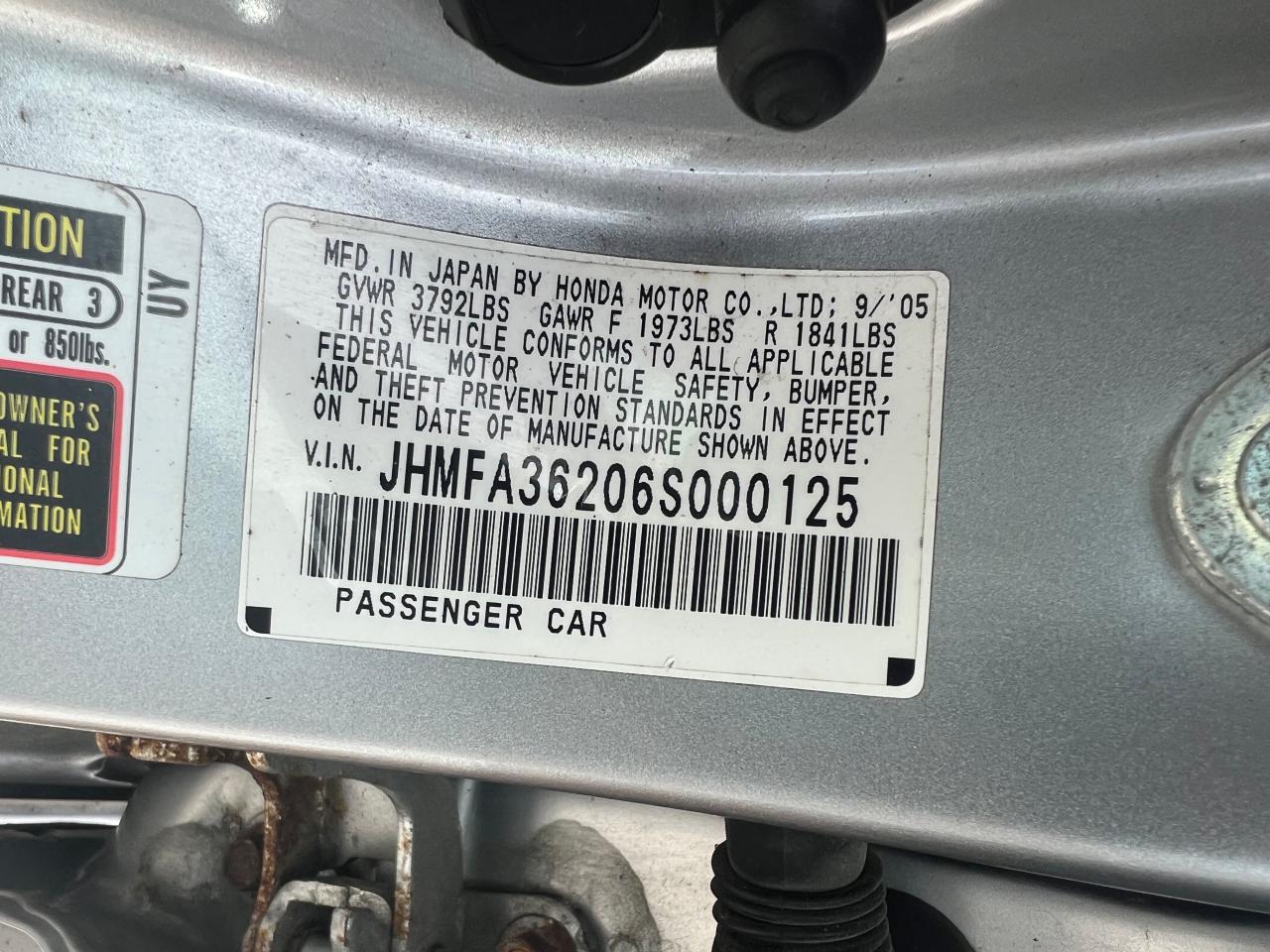 JHMFA36206S000125 2006 Honda Civic Hybrid