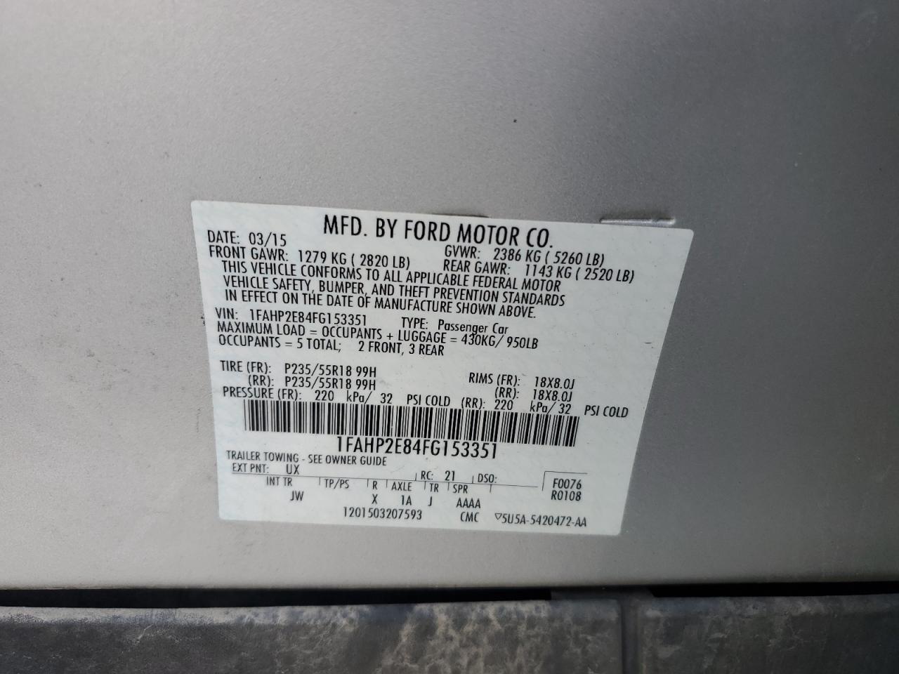 1FAHP2E84FG153351 2015 Ford Taurus Sel