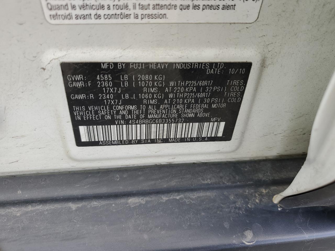 4S4BRBGC6B3355732 2011 Subaru Outback 2.5I Premium