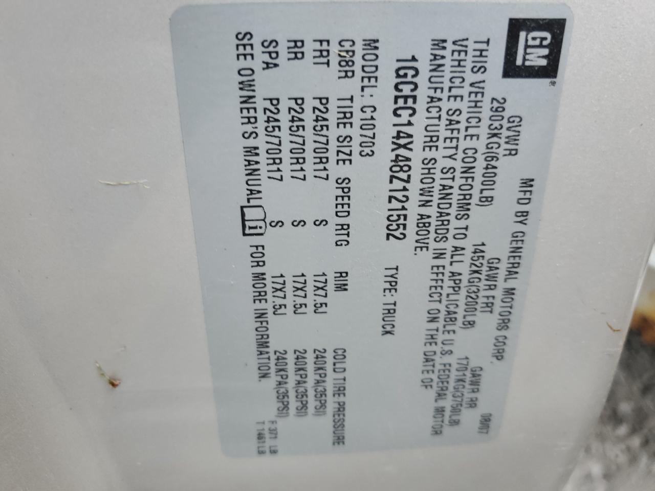 1GCEC14X48Z121552 2008 Chevrolet Silverado C1500