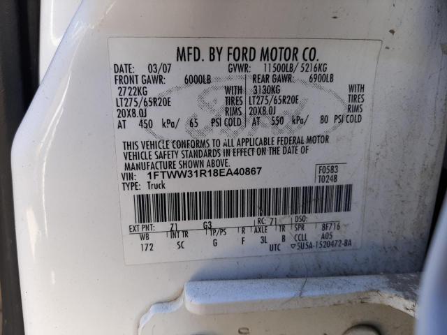 2008 Ford F350 Srw Super Duty VIN: 1FTWW31R18EA40867 Lot: 59461484