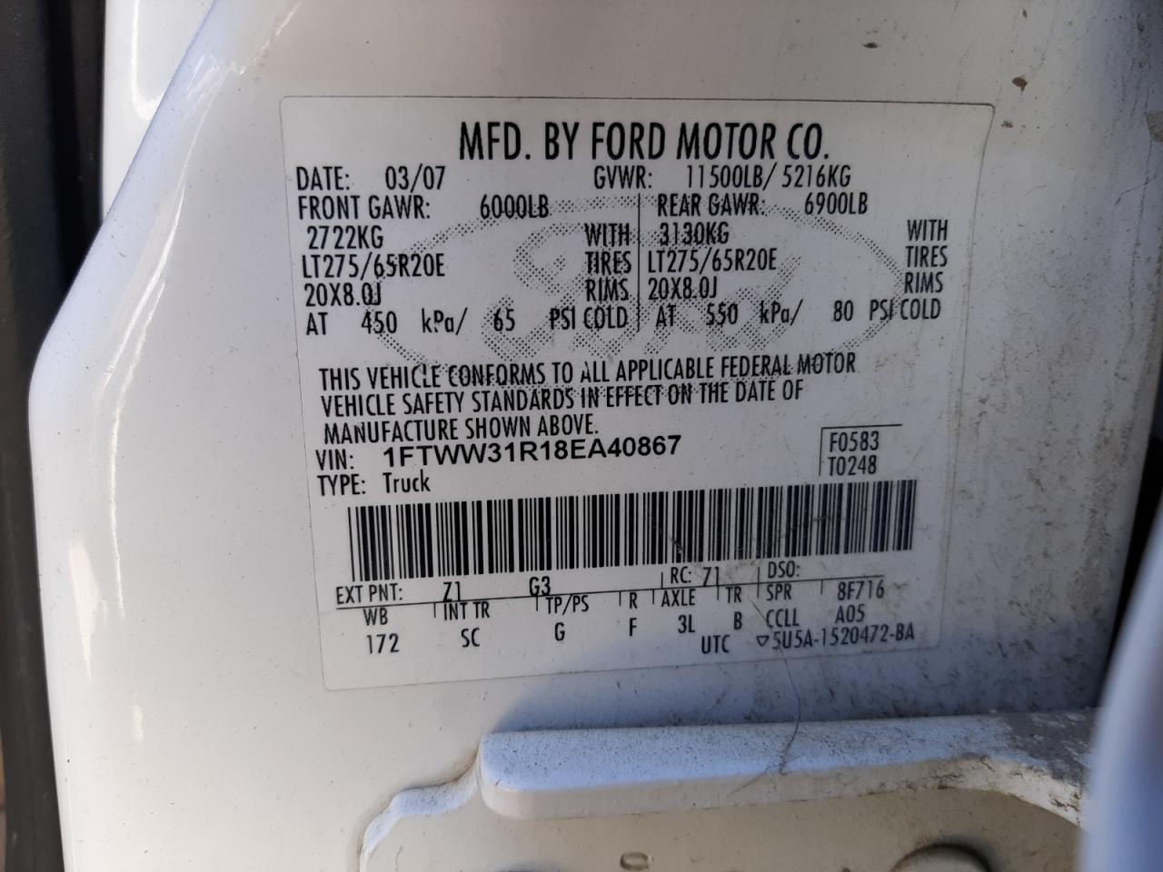 1FTWW31R18EA40867 2008 Ford F350 Srw Super Duty