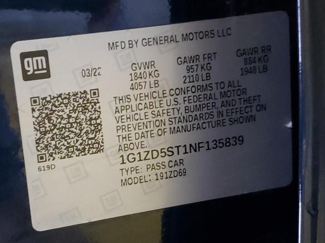 2022 Chevrolet Malibu Lt VIN: 1G1ZD5ST1NF135839 Lot: 60173284