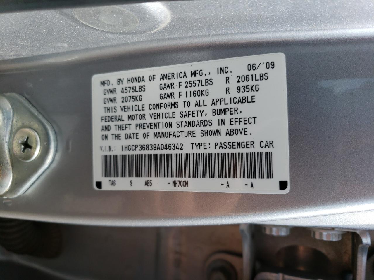 1HGCP36839A046342 2009 Honda Accord Exl