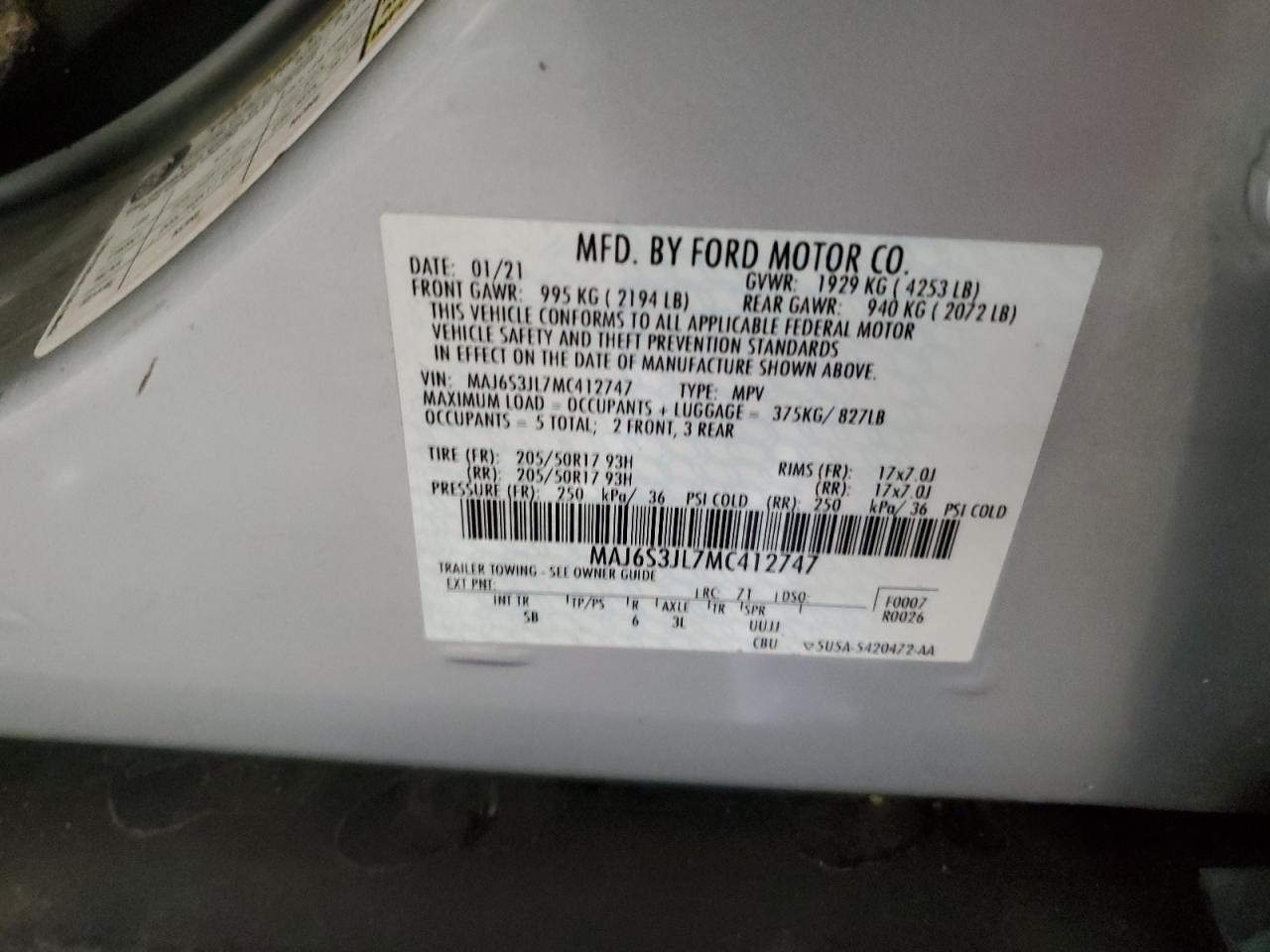 MAJ6S3JL7MC412747 2021 Ford Ecosport Ses