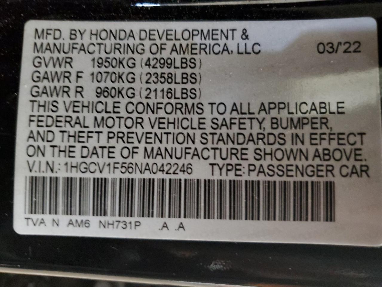 1HGCV1F56NA042246 2022 Honda Accord Exl
