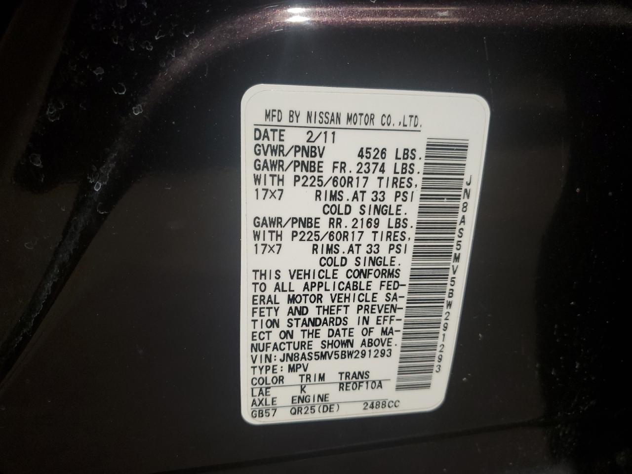 JN8AS5MV5BW291293 2011 Nissan Rogue S