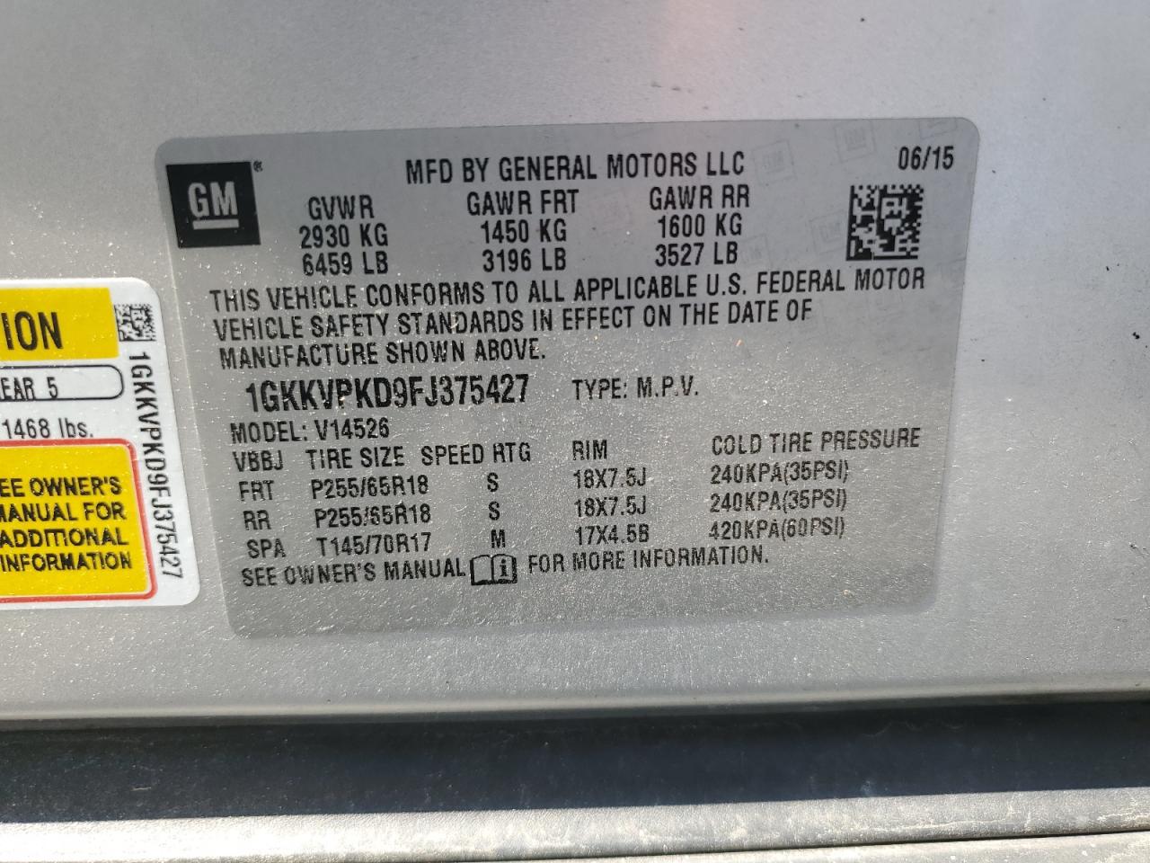 1GKKVPKD9FJ375427 2015 GMC Acadia Sle