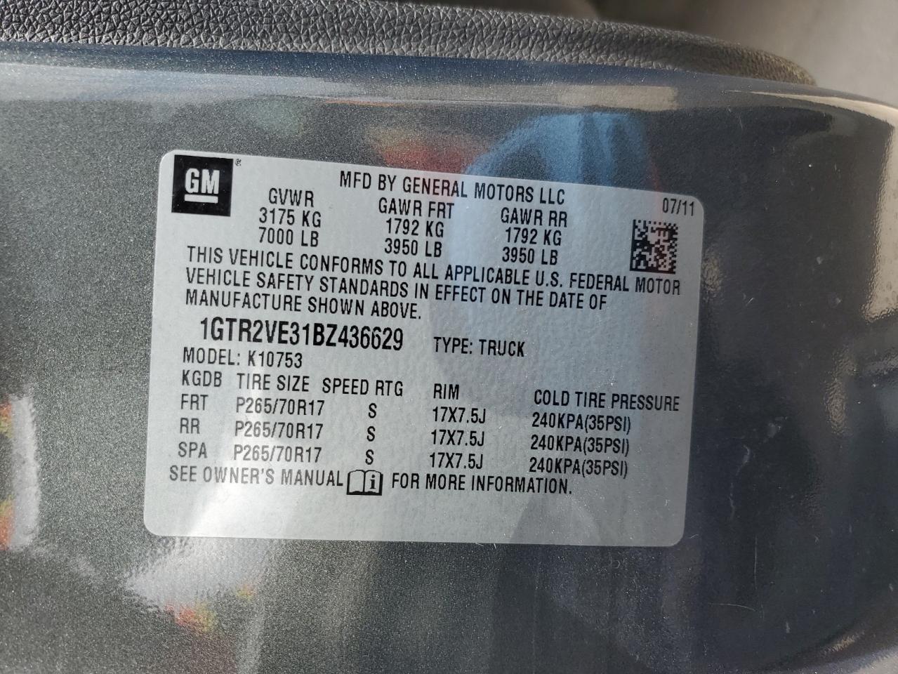 1GTR2VE31BZ436629 2011 GMC Sierra K1500 Sle