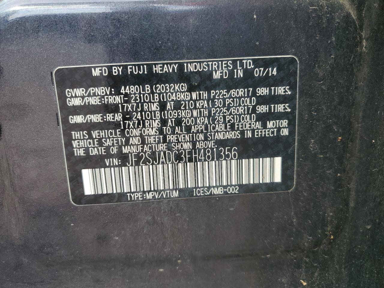 JF2SJADC3FH481356 2015 Subaru Forester 2.5I Premium