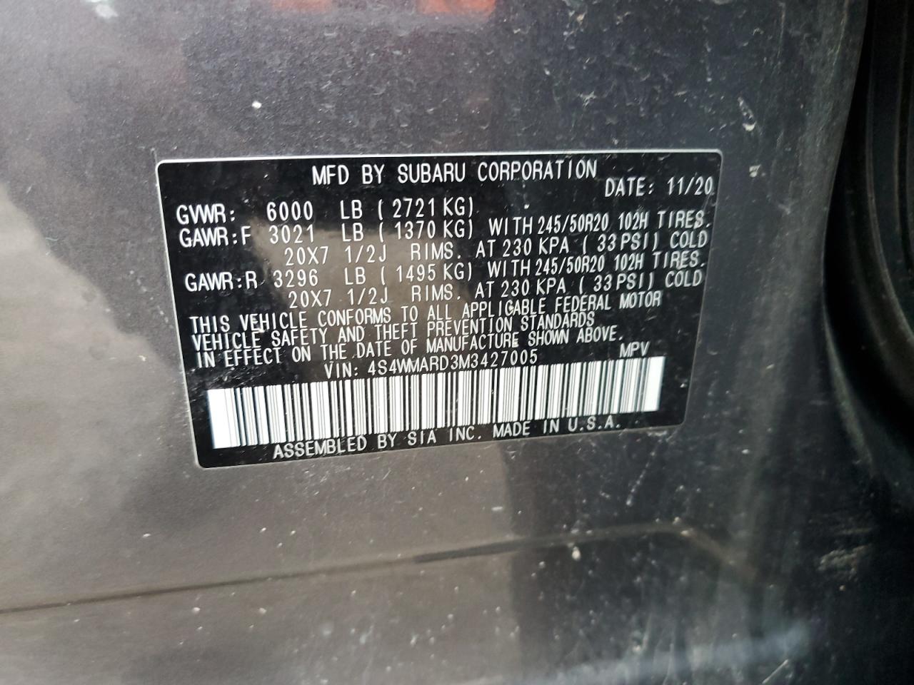 4S4WMARD3M3427005 2021 Subaru Ascent Touring