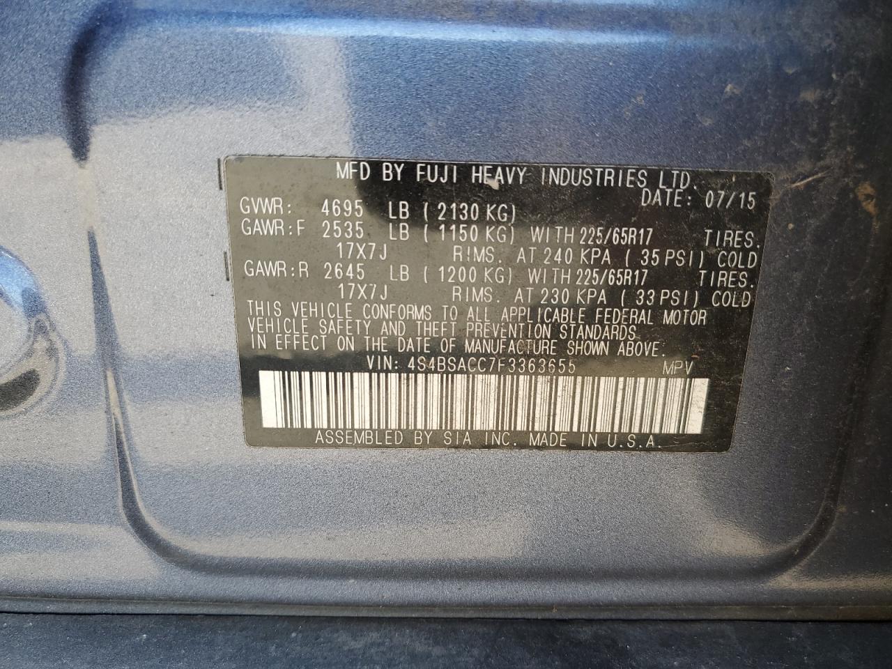 4S4BSACC7F3363655 2015 Subaru Outback 2.5I Premium