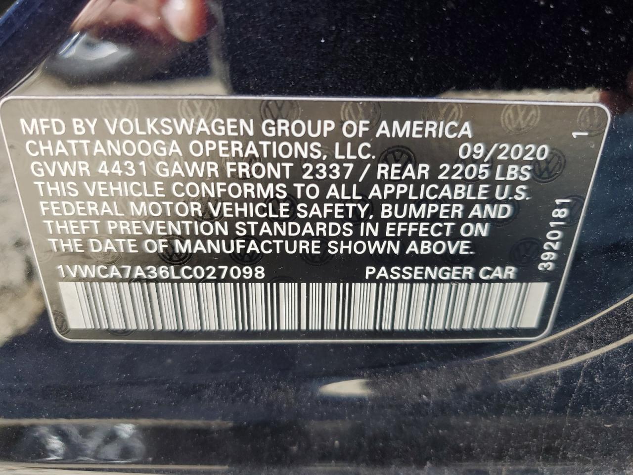 1VWCA7A36LC027098 2020 Volkswagen Passat Sel