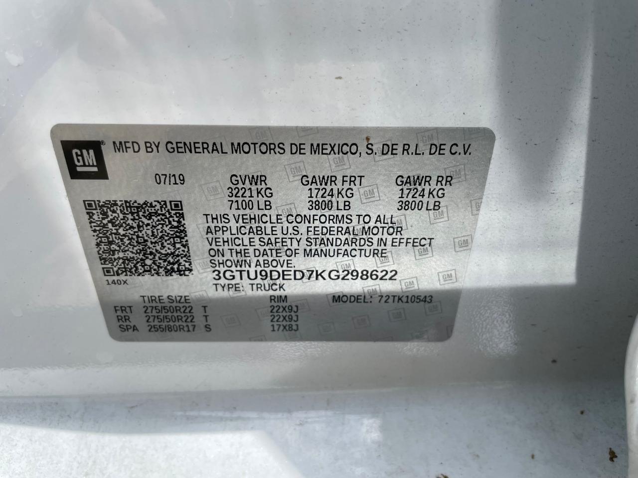 3GTU9DED7KG298622 2019 GMC Sierra K1500 Slt