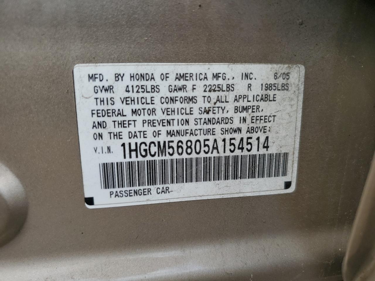 1HGCM56805A154514 2005 Honda Accord Ex