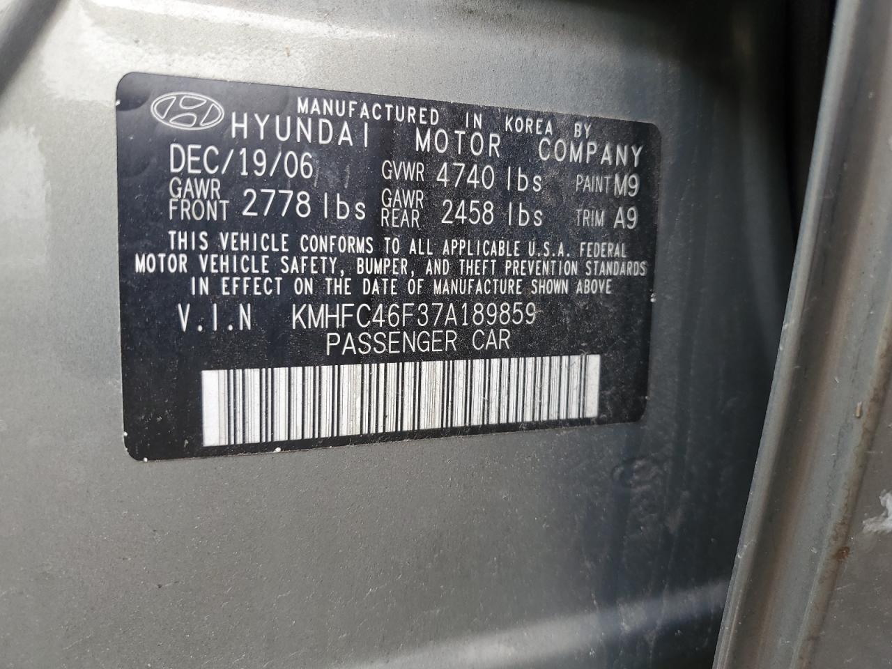 KMHFC46F37A189859 2007 Hyundai Azera Se