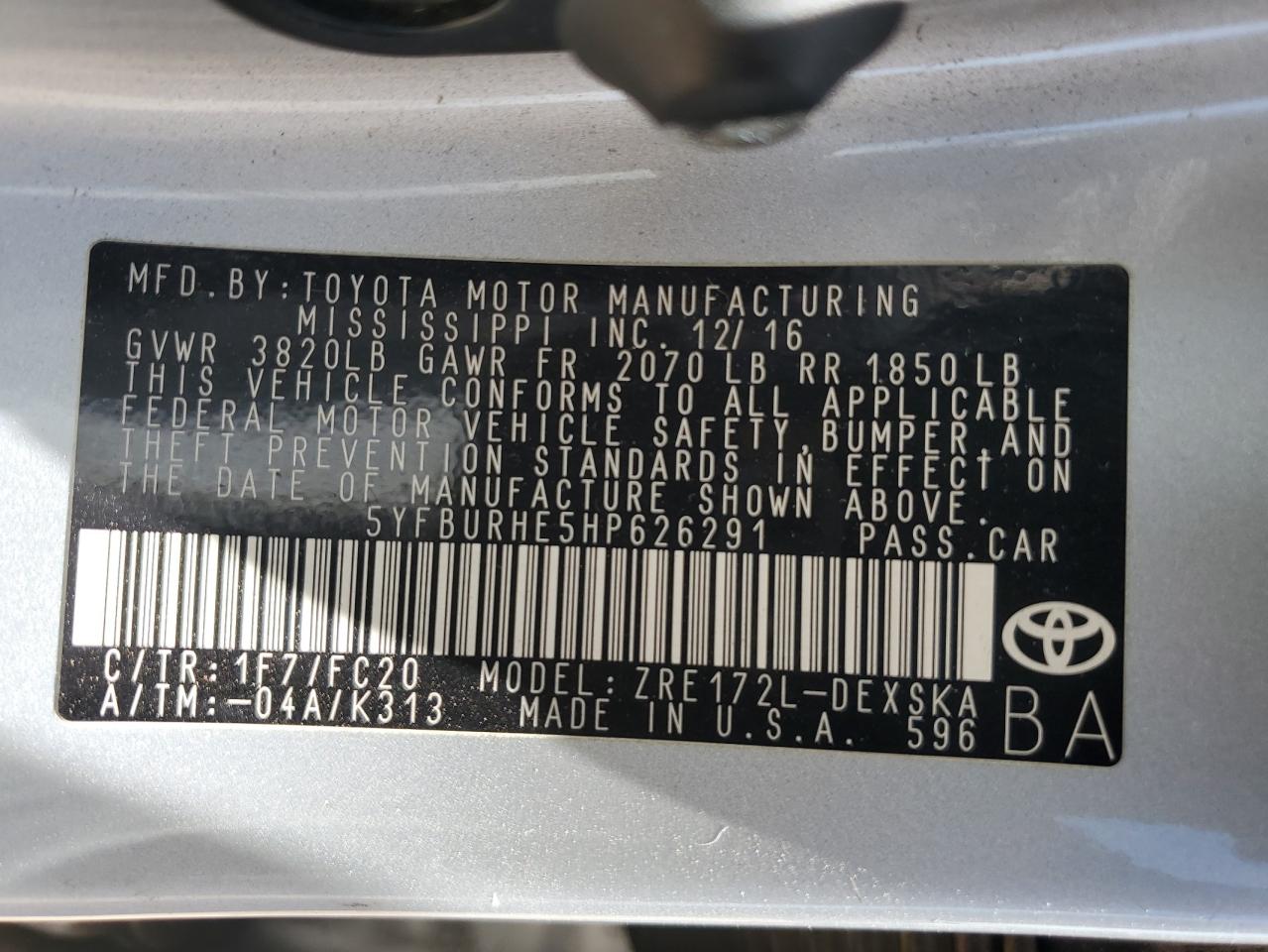 5YFBURHE5HP626291 2017 Toyota Corolla L