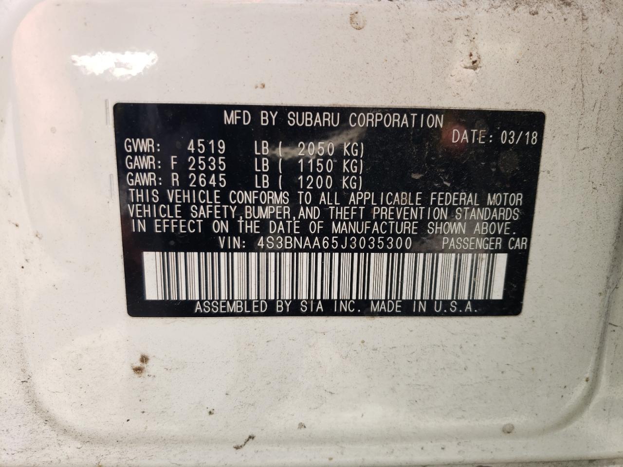 4S3BNAA65J3035300 2018 Subaru Legacy 2.5I