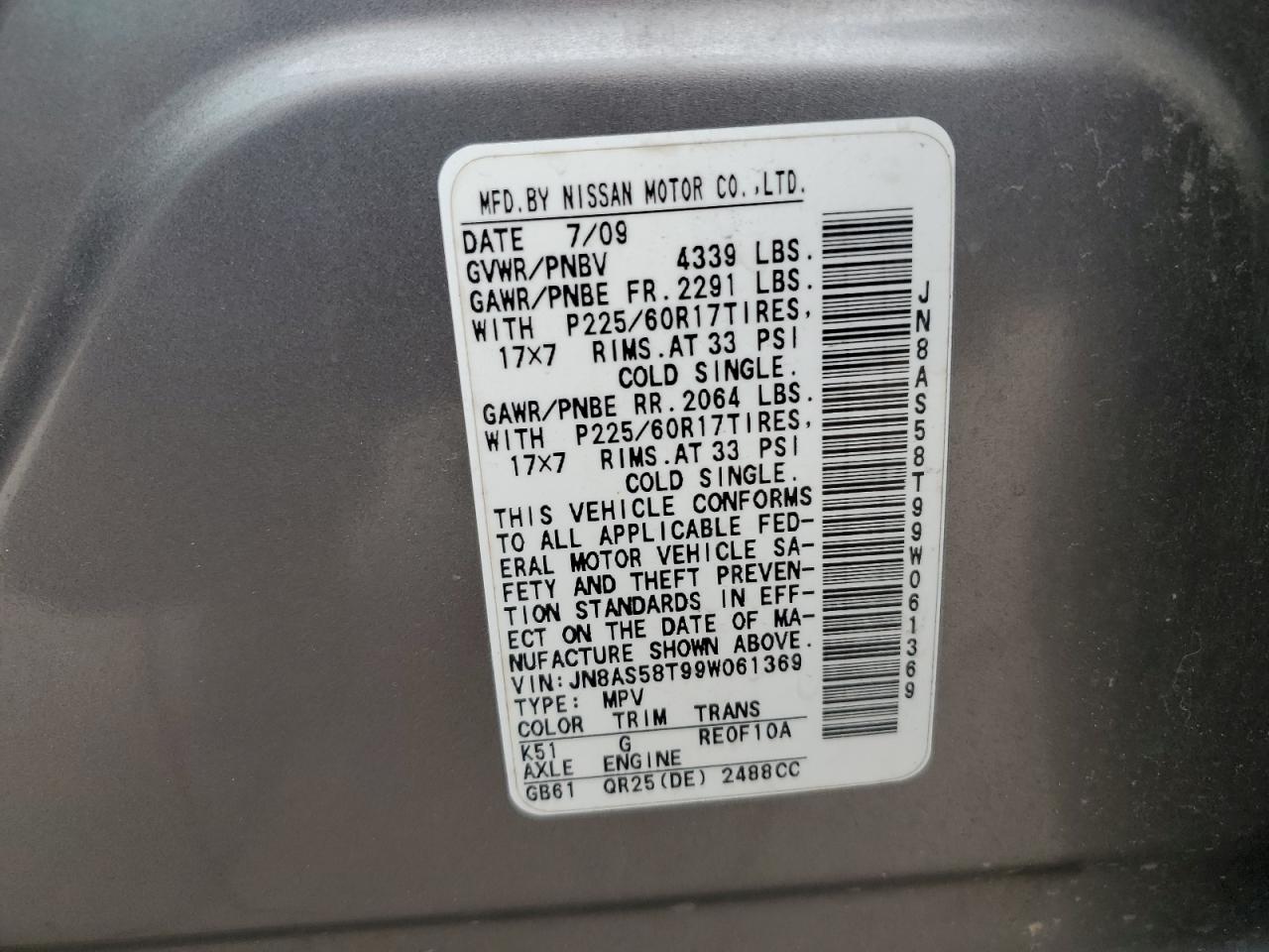 JN8AS58T99W061369 2009 Nissan Rogue S