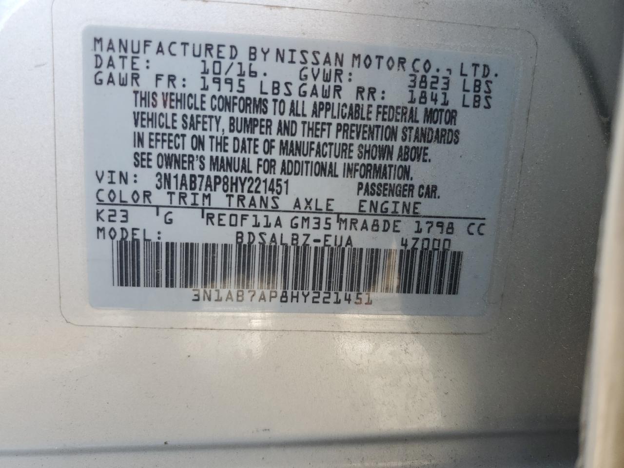 3N1AB7AP8HY221451 2017 Nissan Sentra S