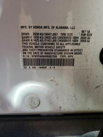 2019 HONDA PILOT ELIT - 5FNYF6H04KB007269