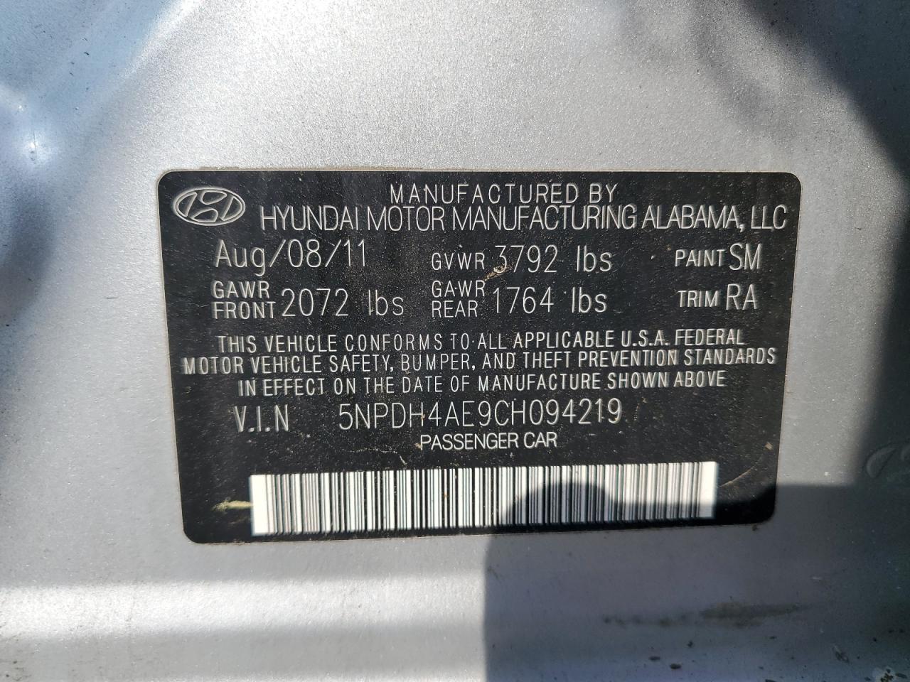 5NPDH4AE9CH094219 2012 Hyundai Elantra Gls