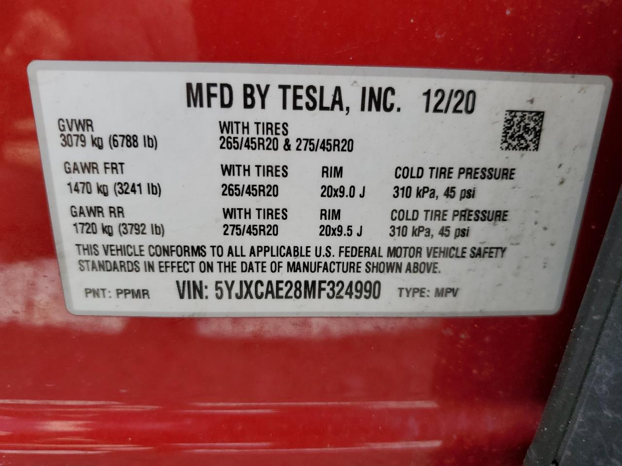 2021 Tesla Model X vin: 5YJXCAE28MF324990