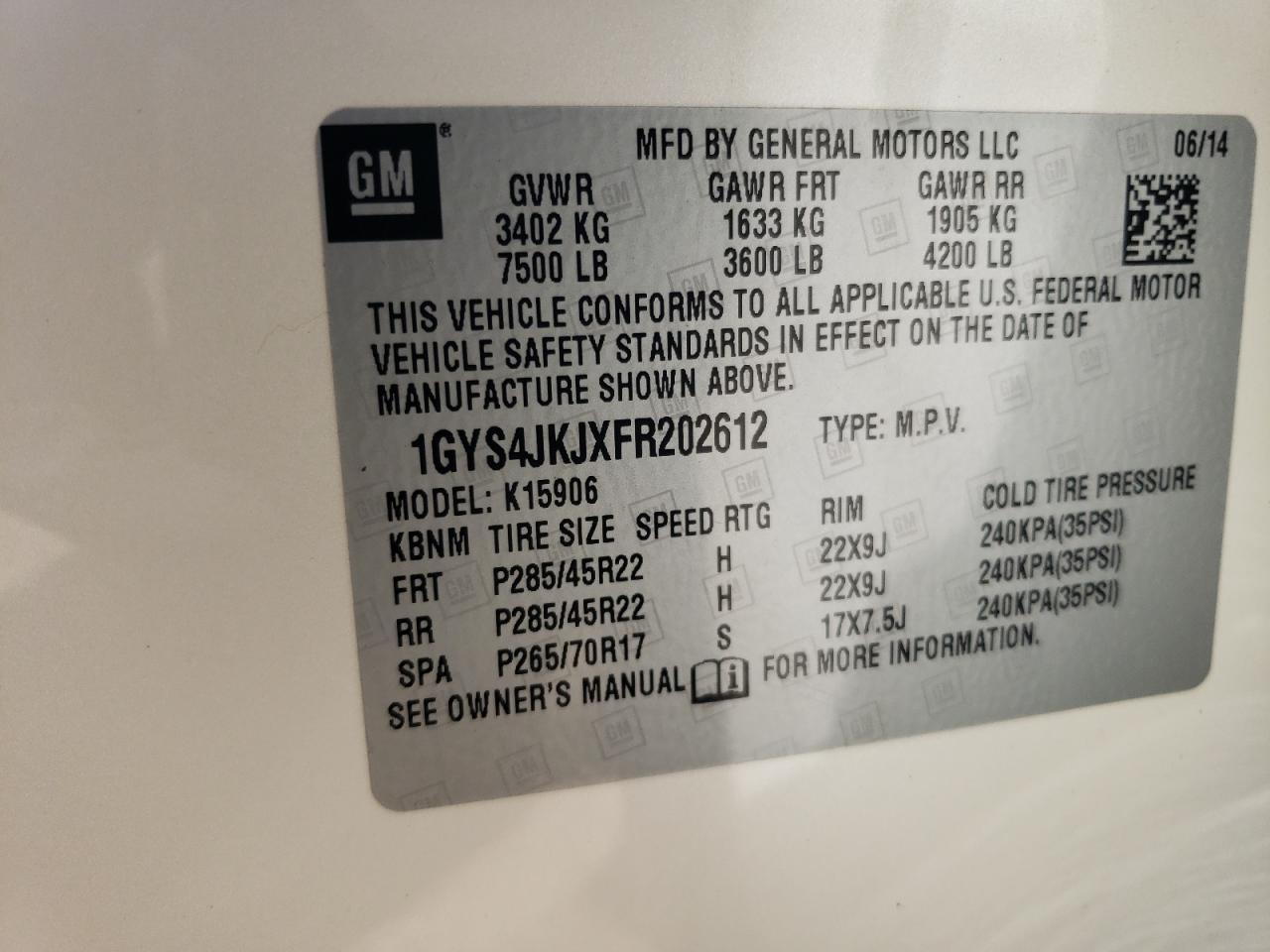 1GYS4JKJXFR202612 2015 Cadillac Escalade Esv Premium