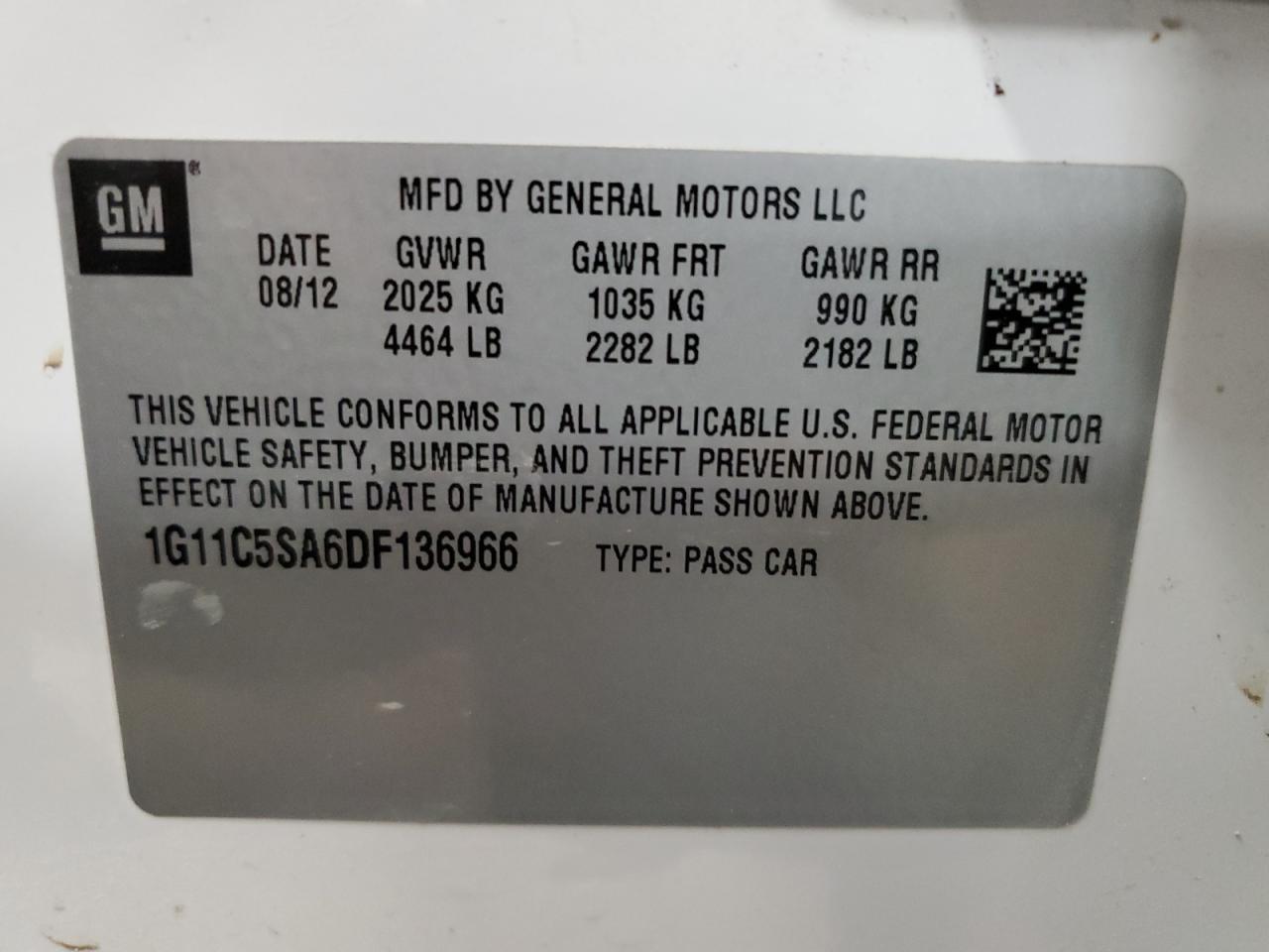 1G11C5SA6DF136966 2013 Chevrolet Malibu 1Lt