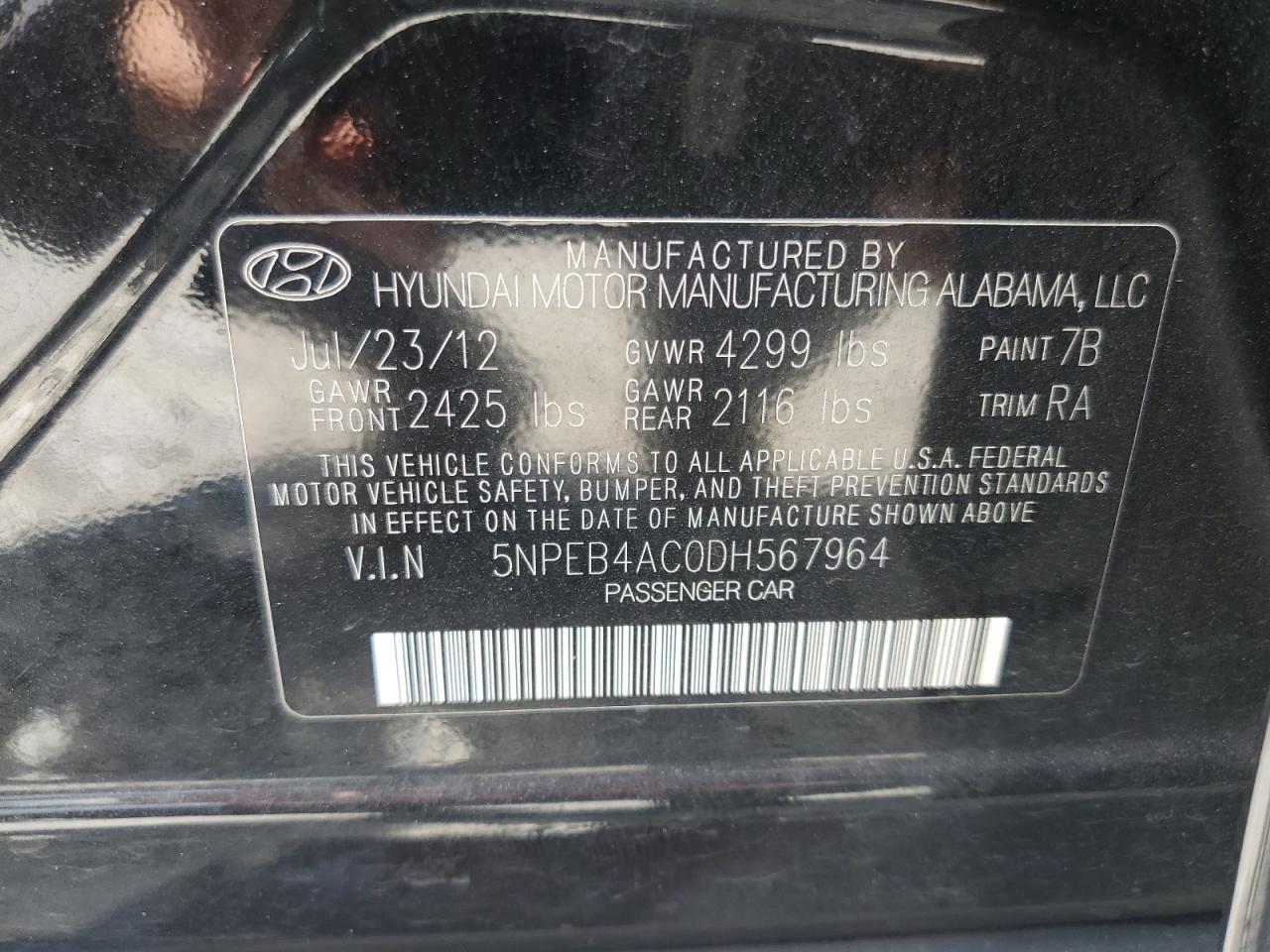 5NPEB4AC0DH567964 2013 Hyundai Sonata Gls