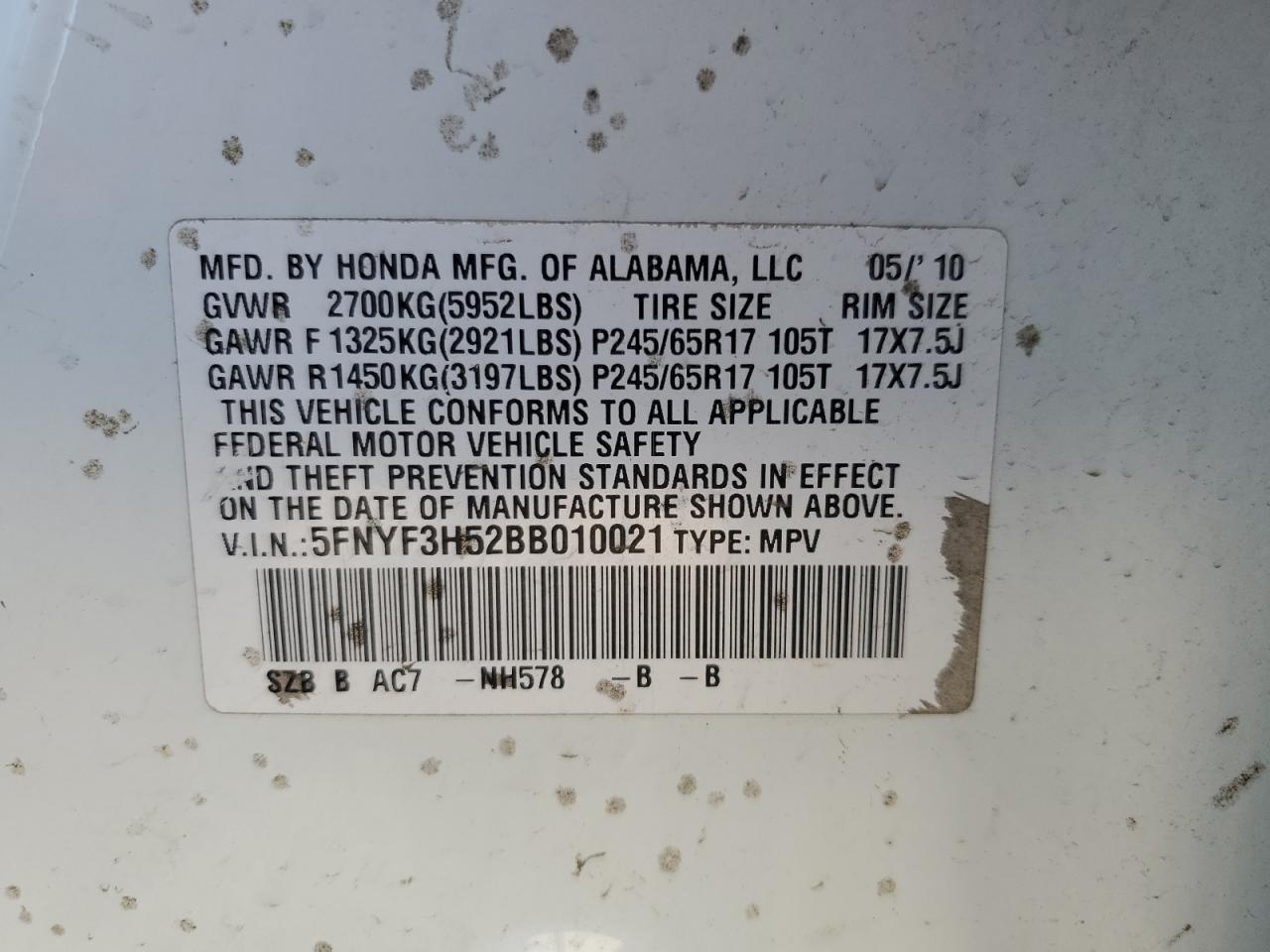5FNYF3H52BB010021 2011 Honda Pilot Exl