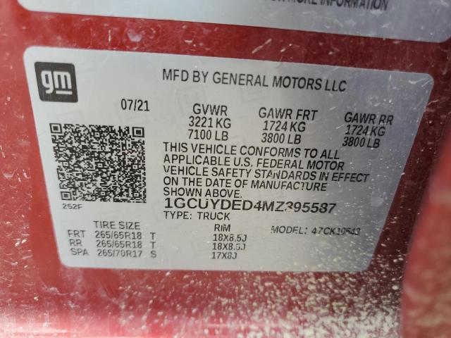 2021 Chevrolet Silverado K1500 Lt VIN: 1GCUYDED4MZ395587 Lot: 59046094