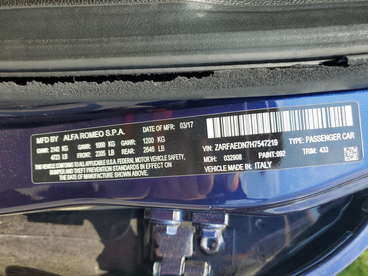 ZARFAEDN7H7547219 2017 Alfa Romeo Giulia Q4