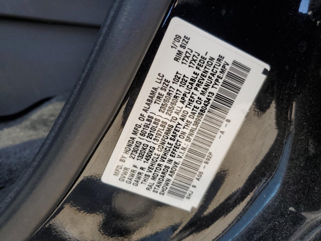 5FNRL38959B043413 2009 Honda Odyssey Touring