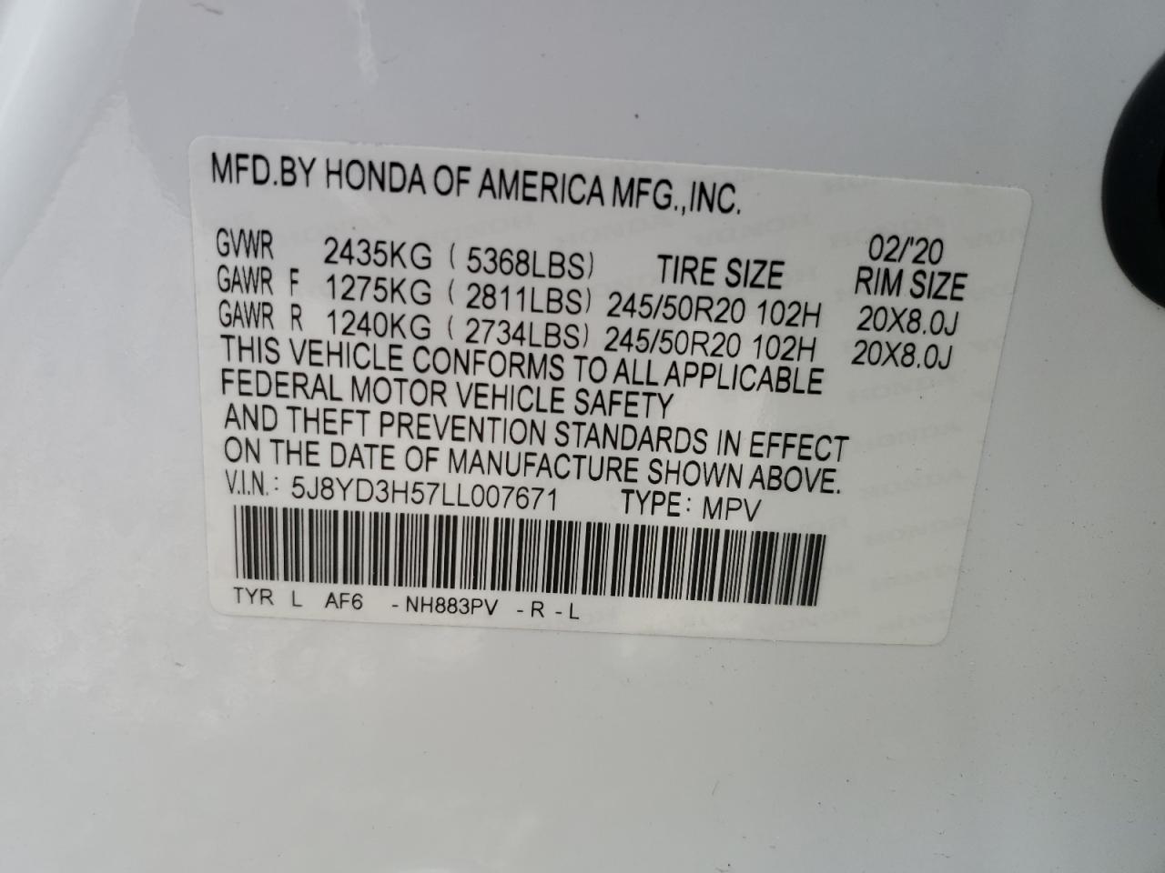 5J8YD3H57LL007671 2020 Acura Mdx Technology