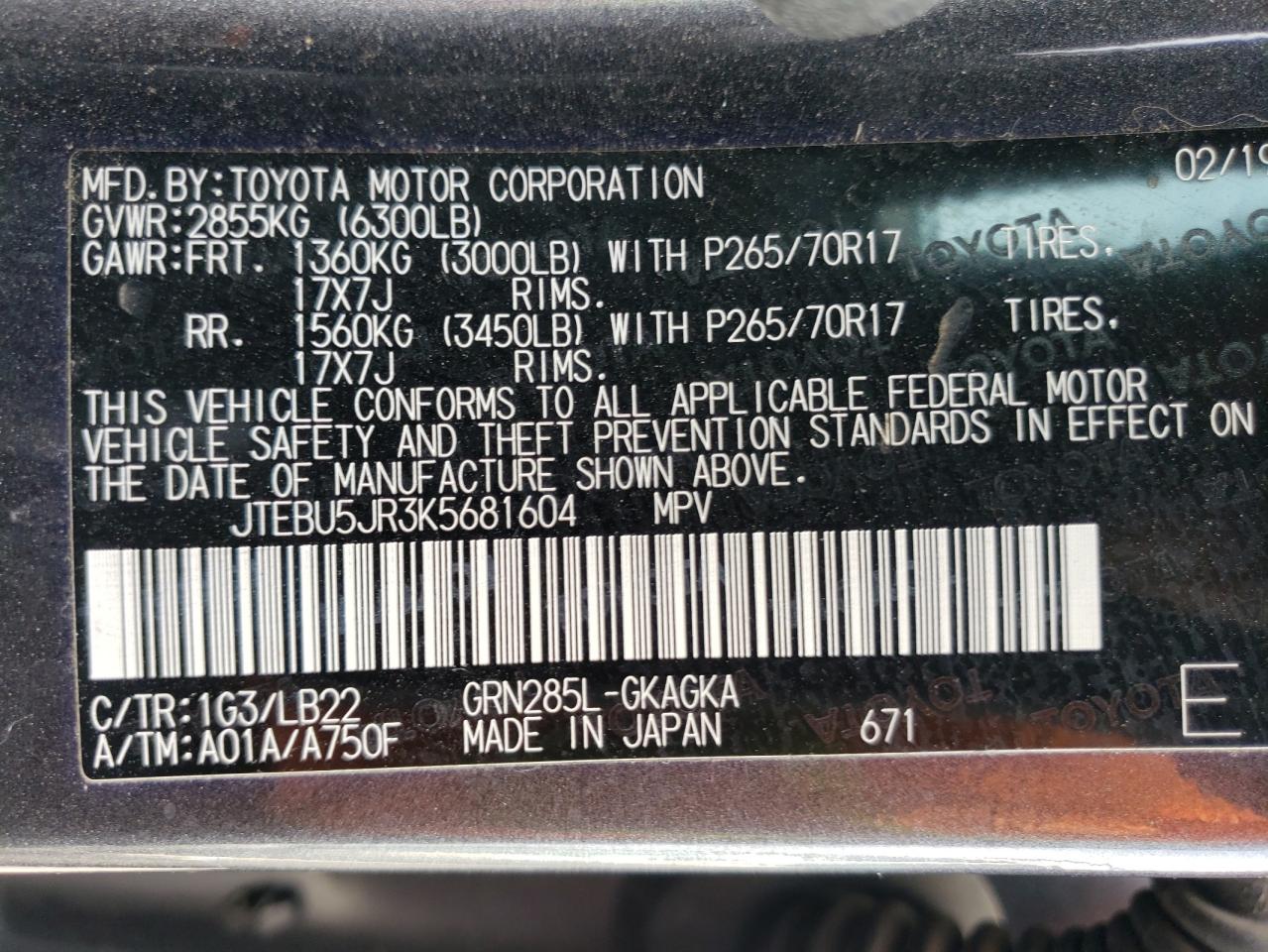 JTEBU5JR3K5681604 2019 Toyota 4Runner Sr5