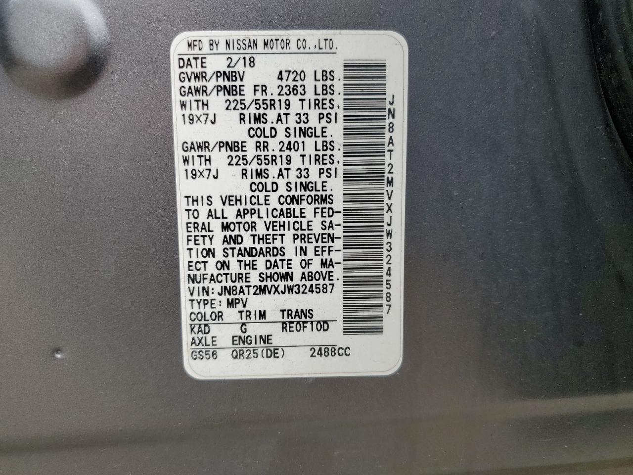 2018 Nissan Rogue S vin: JN8AT2MVXJW324587