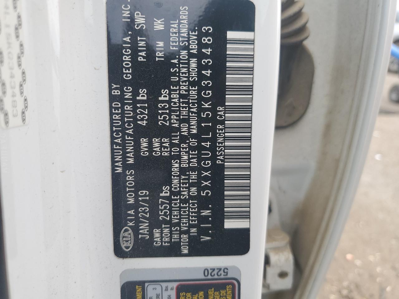 5XXGU4L15KG343483 2019 Kia Optima Ex