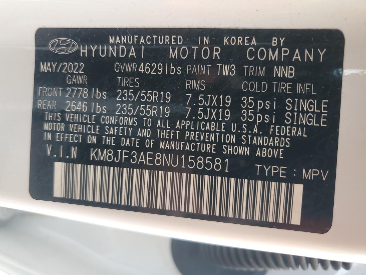 KM8JF3AE8NU158581 2022 Hyundai Tucson N Line