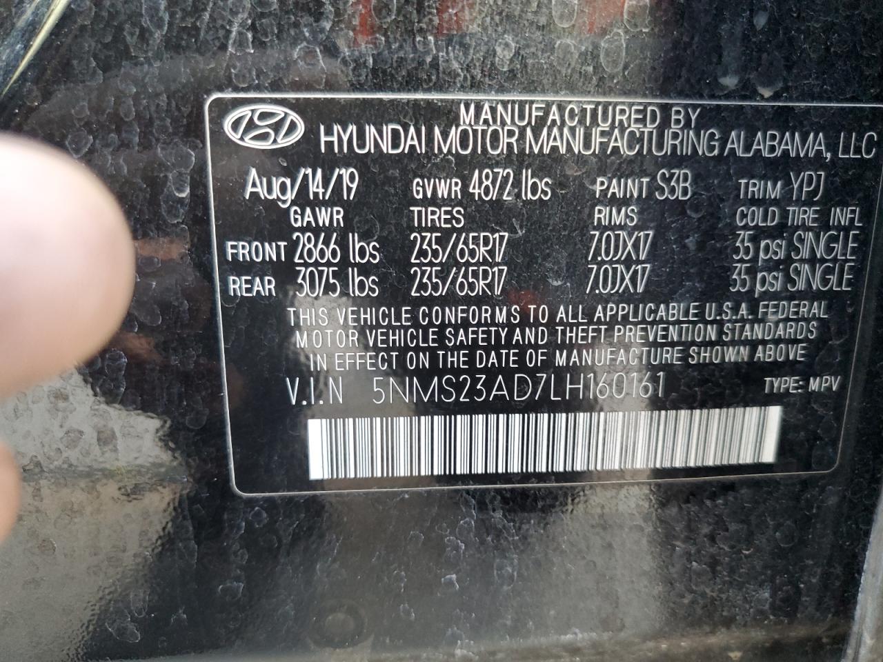 5NMS23AD7LH160161 2020 Hyundai Santa Fe Se