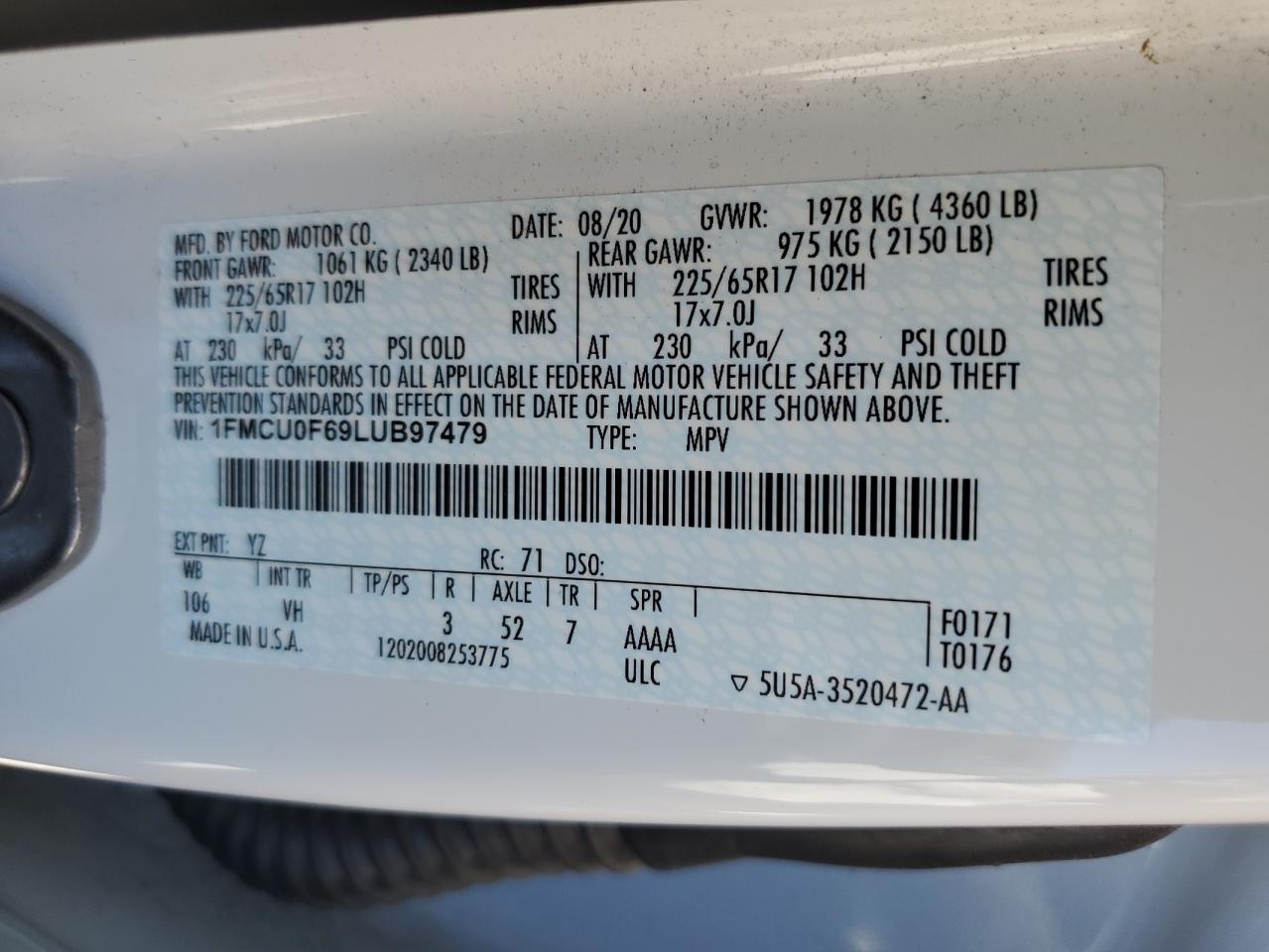 1FMCU0F69LUB97479 2021 Ford Escape S