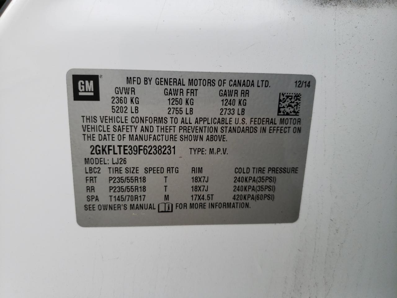 2GKFLTE39F6238231 2015 GMC Terrain Slt