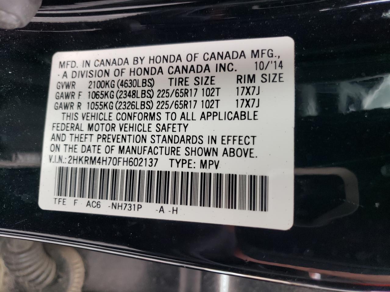 2HKRM4H70FH602137 2015 Honda Cr-V Exl