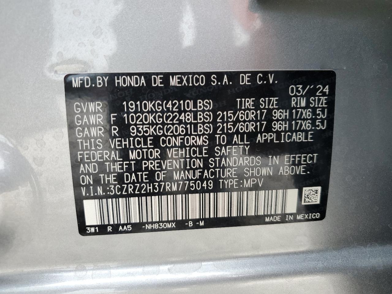 3CZRZ2H37RM775049 2024 Honda Hr-V Lx