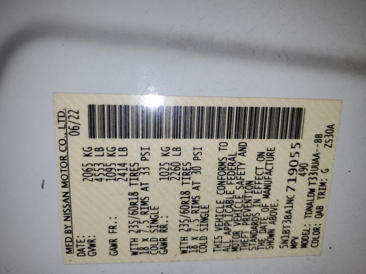 5N1BT3BA1NC719055 2022 Nissan Rogue Sv